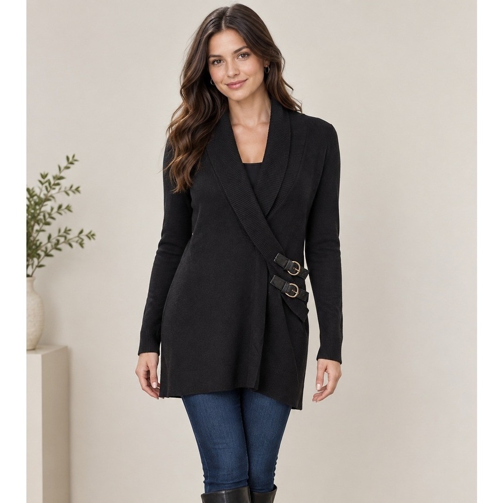 INC International Concepts Black Buckle Wrap Shawl Collar Cardigan Sweater Small